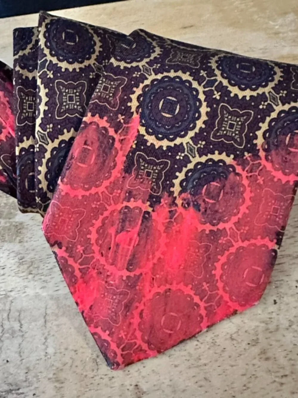 Chanel Silk Tie Mens Necktie Silk Medallion Red Brown Painterly Abstract Handmad